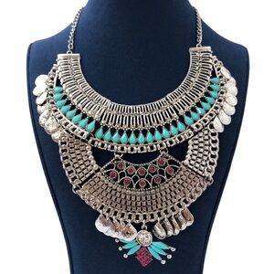 Women’s Silver Turquoise Blue Coin Southwestern Boho Adjustable Choker Necklace